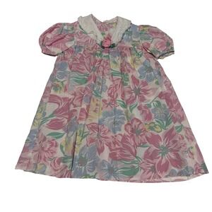 Vintage Girls Floral Lace Collar Dress Pink Blue Pastel Rosette Puff Sleeve 23in